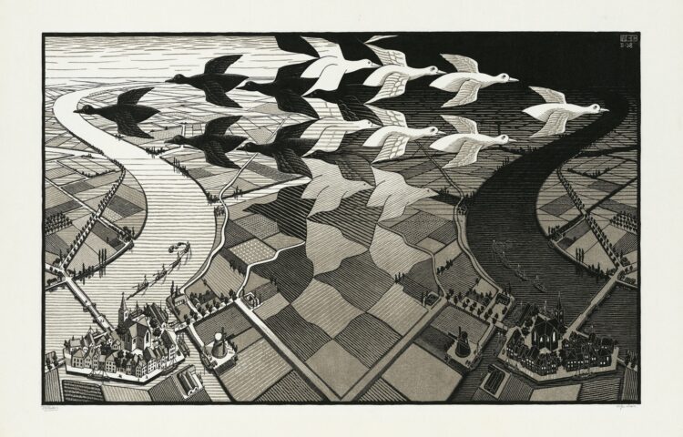 Maurits Cornelis Escher Giorno e notte, 1938 Xilografia, 391x677 mm Collezione M.C. Escher Foundation, Paesi Bassi All M.C. Escher works © 2024 The M.C. Escher Company. All rights reserved mcescher.com